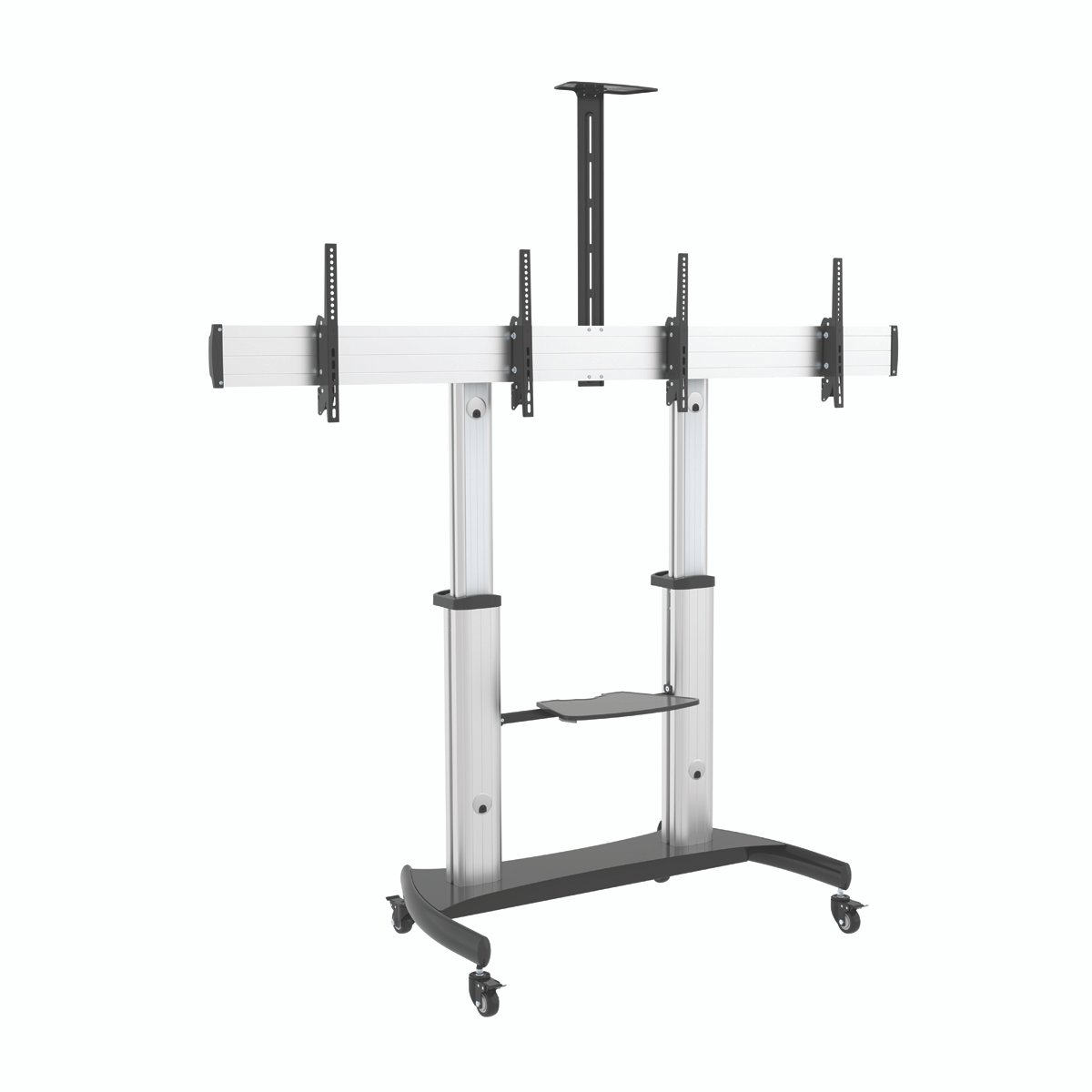 Dual Screen Aluminum Height-Adjustable Tv Cart With Media Shelf